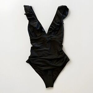 Cupshe One Piece Womens Swimsuit Large Black Ruffled Neck Lace Up Back Padded‎